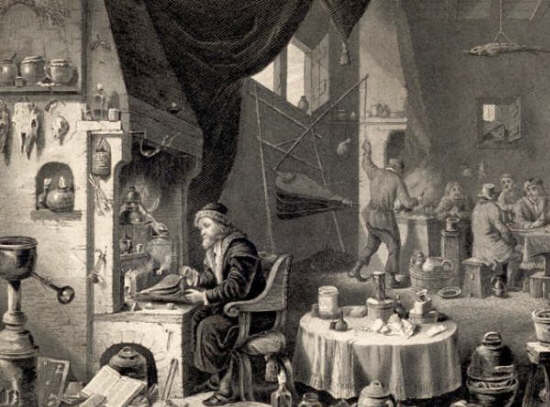 The Alchemist. Engraving after a painting by Teniers