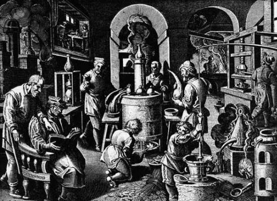 Sixteenth century copper engraving by Johannes Stradanus, of alchemists in a workshop.