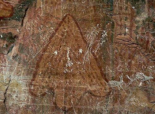 Prehistoric Rock Paintings of an Arrowhead and Symbols