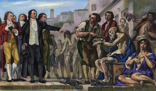 Philippe Pinel demanding the removal of chains from the insane at the Bicetre Hospital in Paris. A painting by Charles Muller