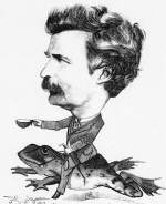 Caricature of Mark Twain riding a jumping frog