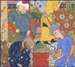 Persian youth playing chess with two of his suitors