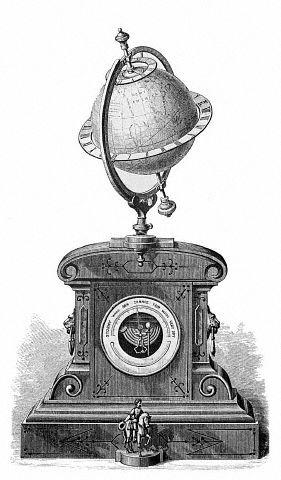 a time globe, adjustable so that its axis may be placed at the proper inclination and direction to give it the same position as the earth