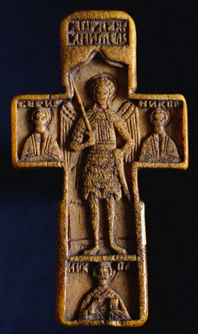 Russian Ivory Cross Pendant with the Archangel Michael 16th 