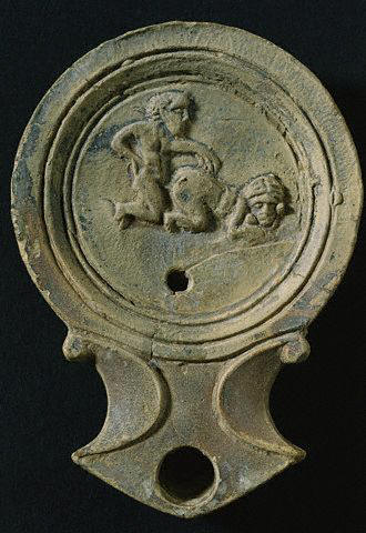 Roman Ceramic Oil Lamp with Erotic Scene ca. 1st century A.D.