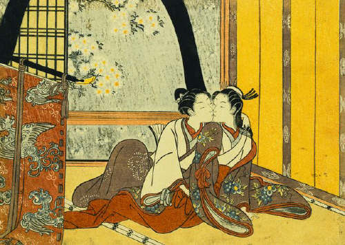 Two Lovers in an Interior by a Yellow Blind attributed to Harunobu . 1750s