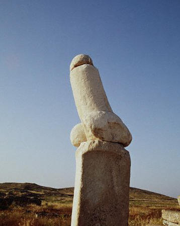 A giant phallus stands outside the Sanctuary of Dionysus on the island of Delos