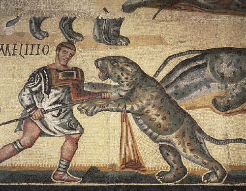 Gladiator and Leopard from Roman Mosaic of Battling Gladiators