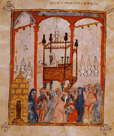 Manuscript Illumination from a Haggadah Depicting a Celebration Inside a Synagogue 14th 