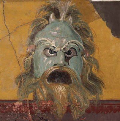 Ancient Roman Fresco Painting with Horned Mask