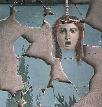 Ancient Roman Fresco Painting with Tragic Mask . 70 A.D.