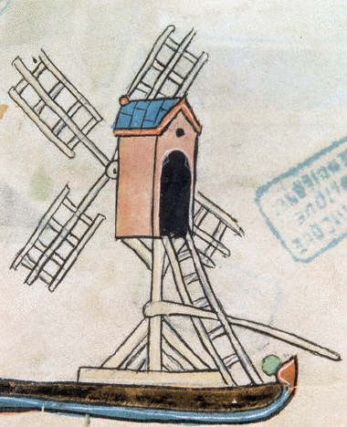 French Manuscript Illumination of a Windmill From an Obituary Calendar 13th 