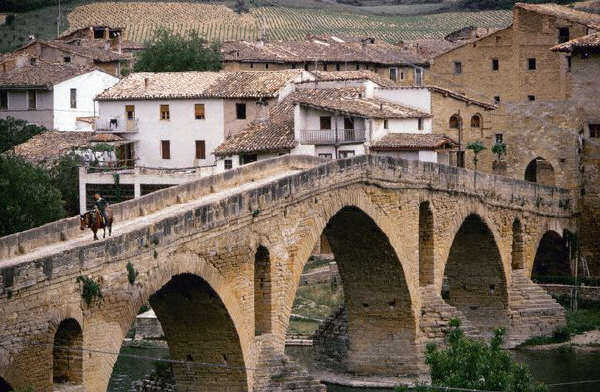 The 11th century arched bridge at the town of Punta la Reina, in Navarra, Spain