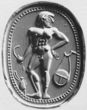 An athlete with strigil, oil bottle before him, discus hanging behind