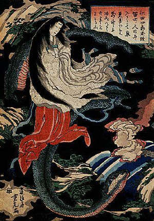 Osaka print shows a female magician in a cave, riding on her familiar, a serpent