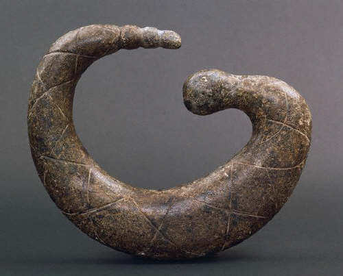 California Native American Carved Coiled Serpent with Incised Diamond Pattern .10th c