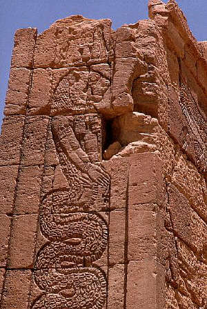 A Kush civilization relief sculpture of a half-lion, half-snake being at Lion Temple in Naga, Sudan