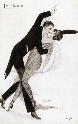 French Drawing of a Couple Dancing the Tango by Xavier Sager, 1914